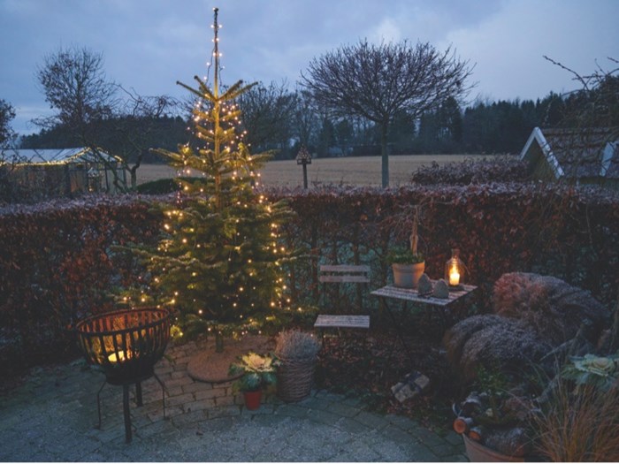 Juletræet er pyntet med en lyskæde, der liver terrassen op sammen med det lille bålfad. Set i Iben Bogut Andersens have i Skibby. Foto Thomas Evaldsen.