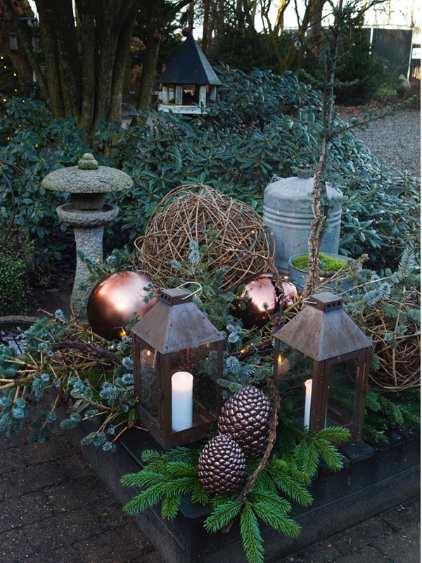 Et juletableau i Fru Pedersens have med forskellig gran samt grene fra korkelm, som får selskab af store lanterner af kobber, kobberkogler og store, kobberfarvede plastikkugler. Foto Ann Malmgren