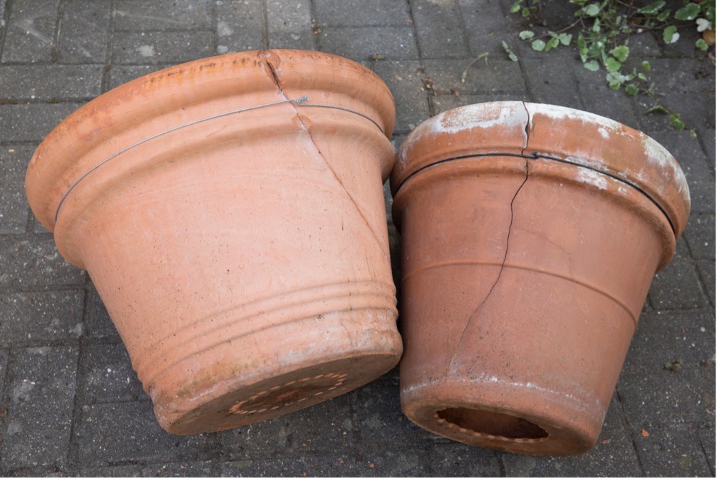 Er krukken gammel og revnet kan den forstærkes med ståltråd lige under kanten, så tråden ikke ses. Det kan man også gøre med nye krukker for at sikre dem mod frostsprængning. Foto: Ann Malmgren