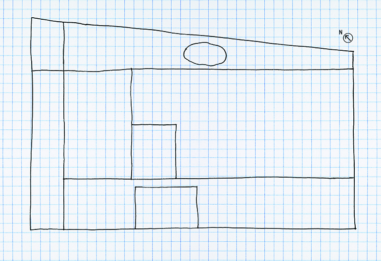 Råskitse til opmåling af haven. Tegning: Frank Kirkegaard