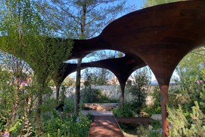 Havedesigner Tom Massey og arkitekt Je Ahn har skabt en konstruktion, der kan opsamle og opmagasinere vand. Samtidig skaberne den skygge i haven. Foto: Haveselskabet