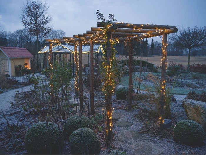 Pergolaen, der tårner sig op over en snoet sti, er viklet ind i lyskæder, der kører med timer. Foto: Thomas Evaldsen