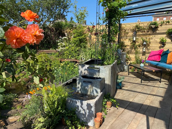 Selv i en lille have er der plads til at opsamle regnvand. Overskydende vand løber ud i en lavning i haven. Foto: Haveselskabet